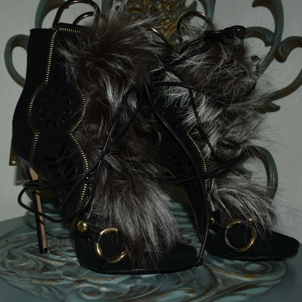 Black and Gray Fur-Trimmed Women's Heels
